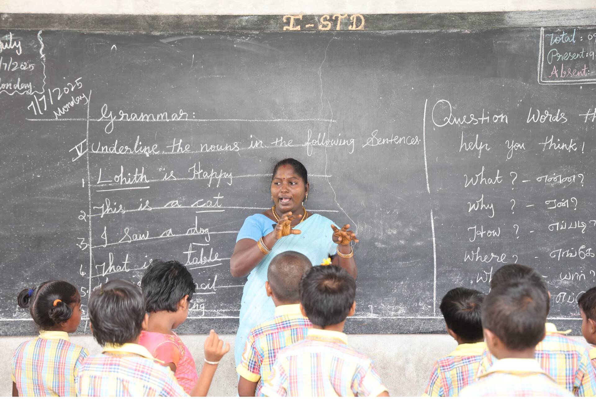 An interactive lesson at Barath Vidayalaya with learners and their teacher.